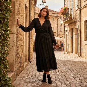 Pretty Garden V Neck Long Sleevemix Maxi Dress